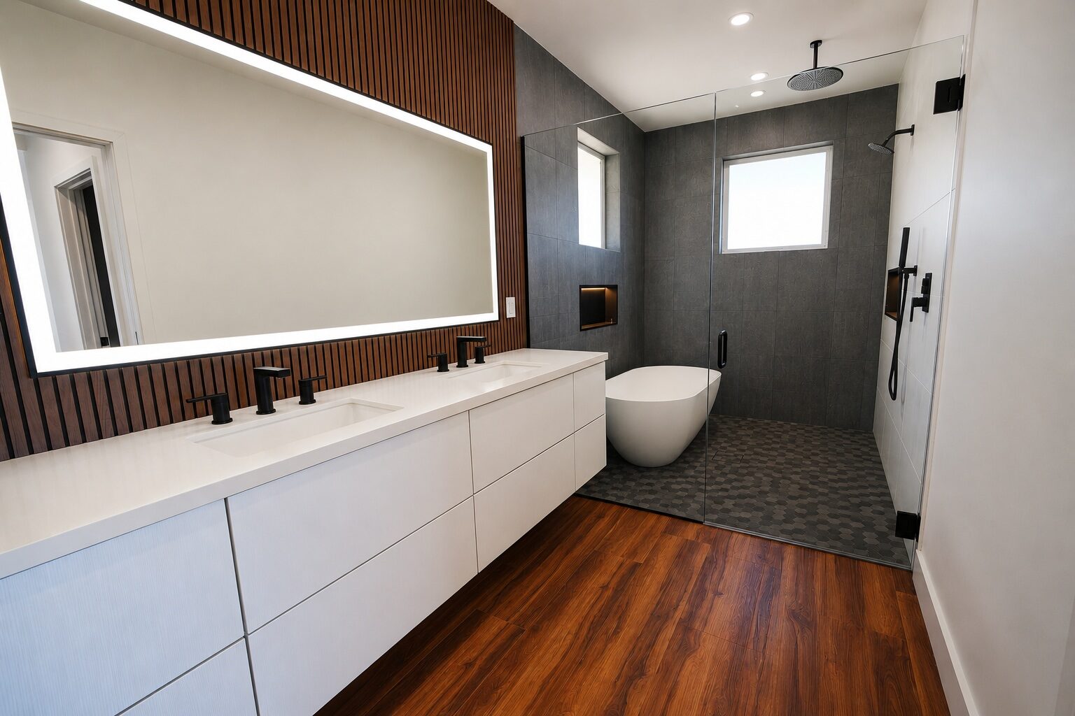 Master bath with lit vanity mirror and dark-tile walk-in shower